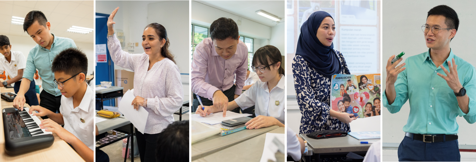 Five teachers in classrooms teaching students, including piano instruction, group discussion, and one-on-one desk help.